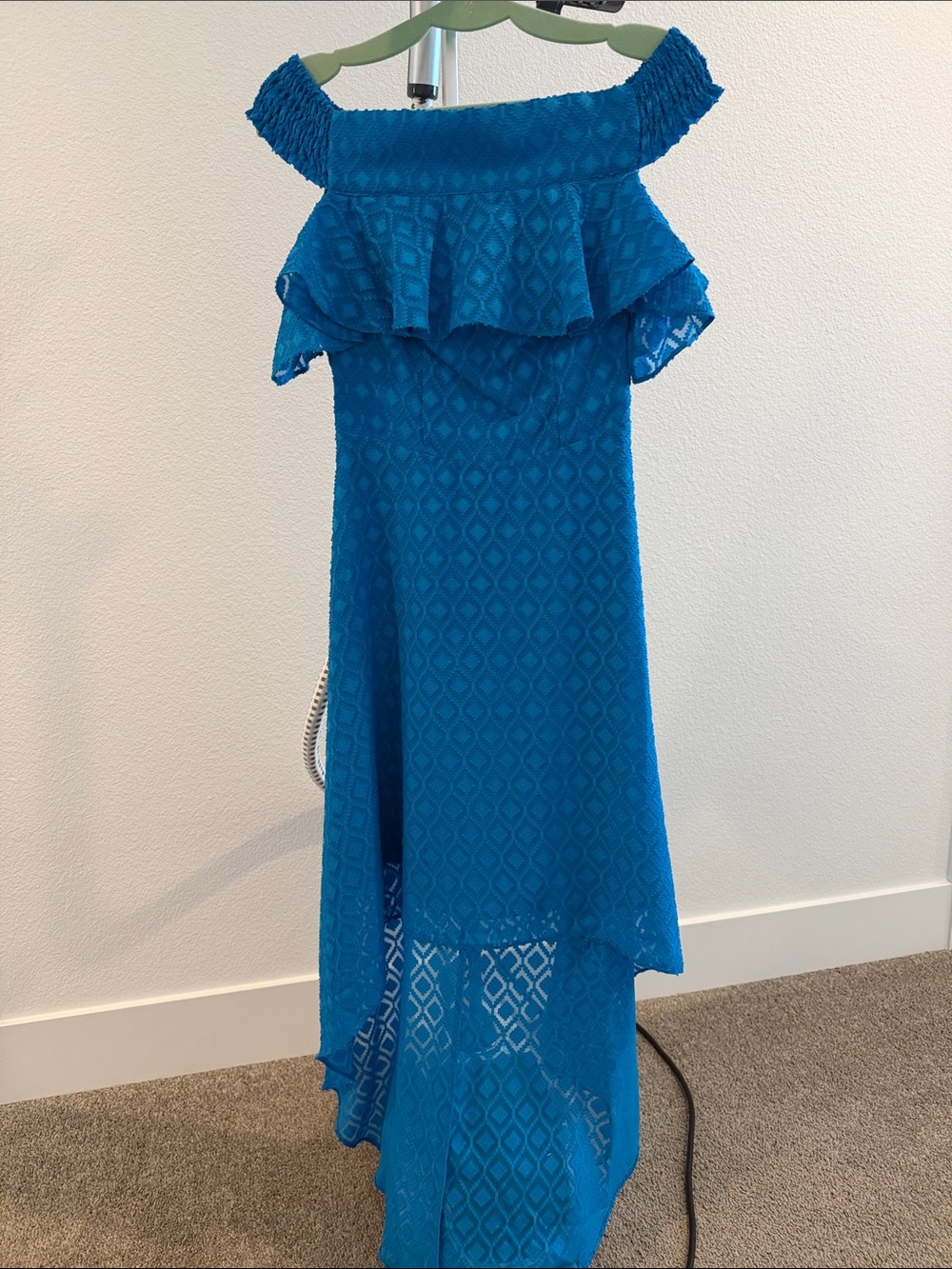 bebe Teal Lace Off-Shoulder High-Low Dress